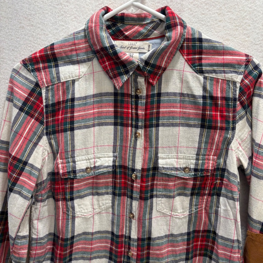 LOGG H&M Womens 8 Red Plaid Flannel Button Down Shirt Corduroy Patches Preppy - Picture 5 of 10